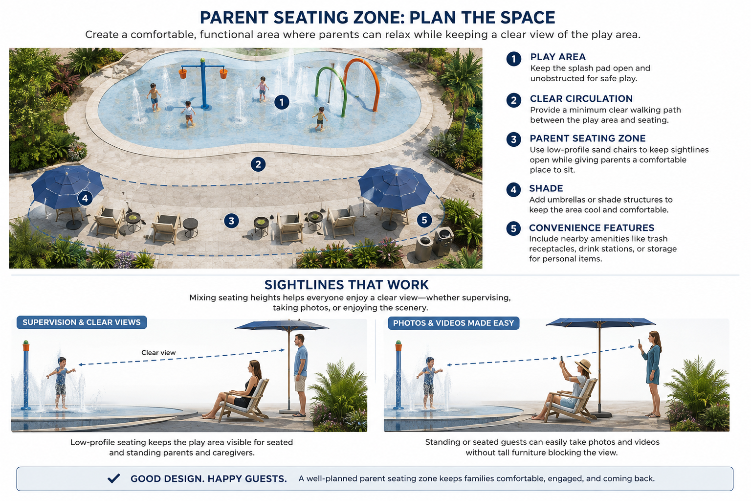 Splash pad parent seating zone diagram showing sand chair placement, clear sightlines, shade, circulation, and nearby amenities.